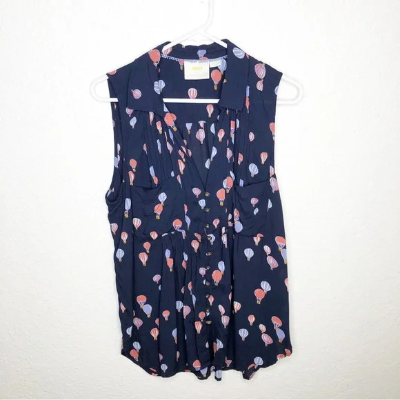 Anthropologie Maeve navy blue pink hot air balloon sleeveless top size Large - Picture 3 of 16
